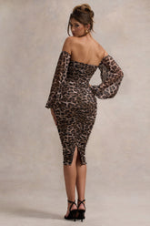 Leopard Print Bardot Puff-Sleeve Midi Dress